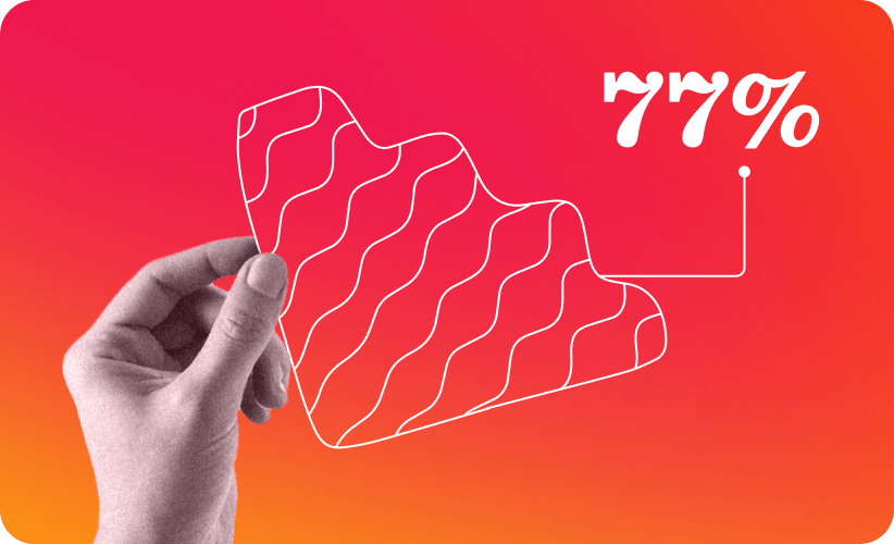hand holding a wavy graphic on a gradient background with a highlighted "77%" statistic, graphic design showcasing data visualization