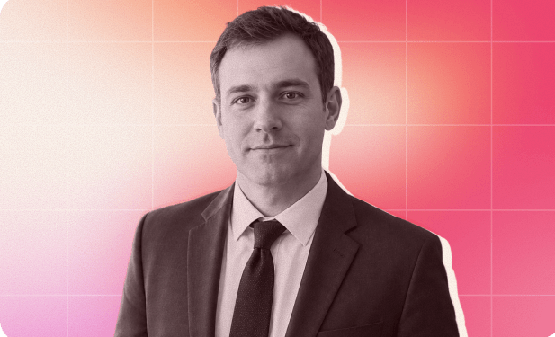 business professional in suit, gradient background with geometric grid pattern