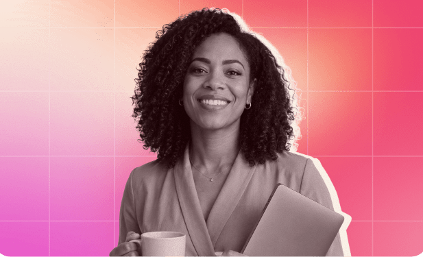 smiling woman holding coffee cup and tablet against vibrant gradient background, confident professional in stylish attire