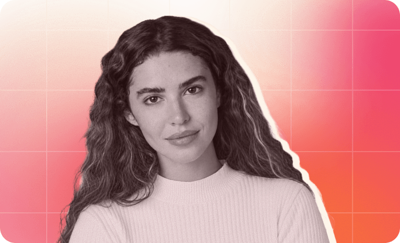 woman with wavy hair smiling, wearing a light sweater on a gradient pink background with geometric patterns, portrait, fashion