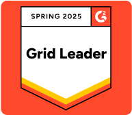G2 Grid Leader badge for Spring 2025 in vibrant red, featuring a chevron design in yellow, highlighting software excellence, G2 badge, Grid Leader badge