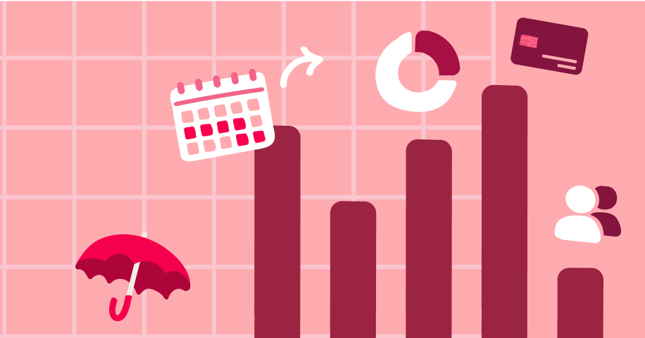 Bar chart with icons of a calendar, pie chart, umbrella, and users, representing business planning and financial performance tracking.