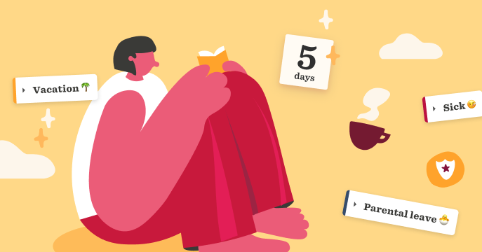 relaxed person reading coffee cup 5 days sick vacation parental leave tags, illustration work-life balance