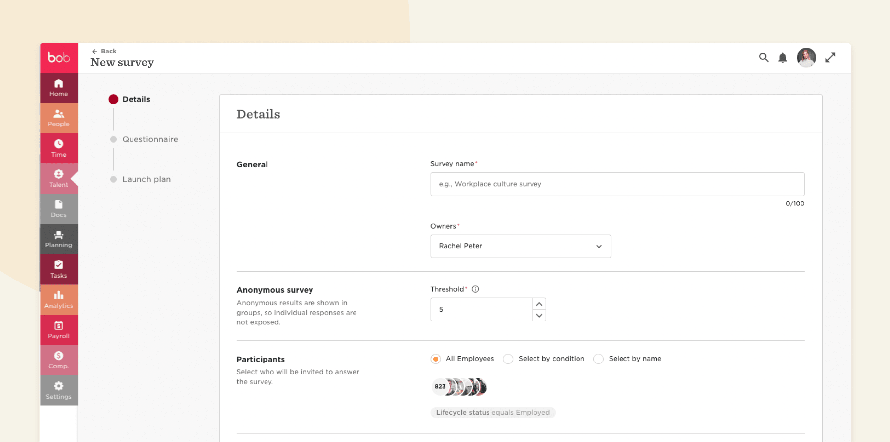 new survey interface with fields for survey name, owner selection, anonymous response options, and participant settings, user-friendly survey design with clear sections for details and participation criteria