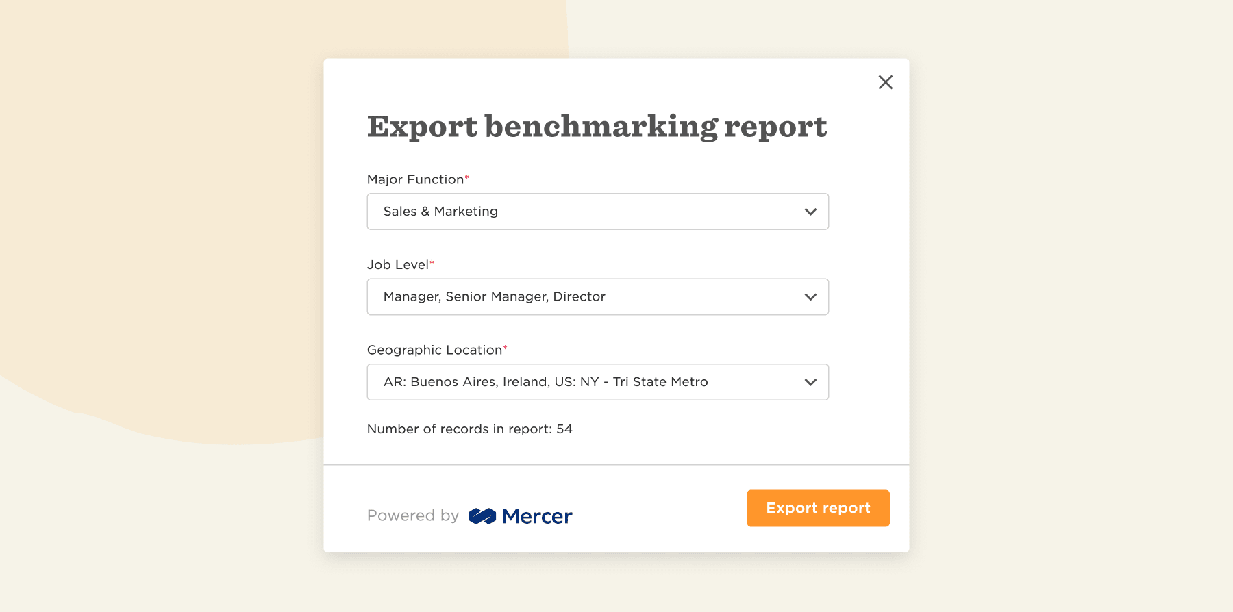 export benchmarking report form, sales marketing job level geographic location statistics