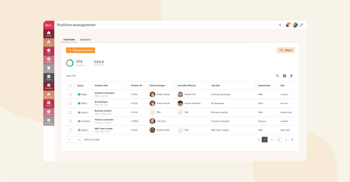position management dashboard, job titles and statuses of various positions in organizations with filters and request options
