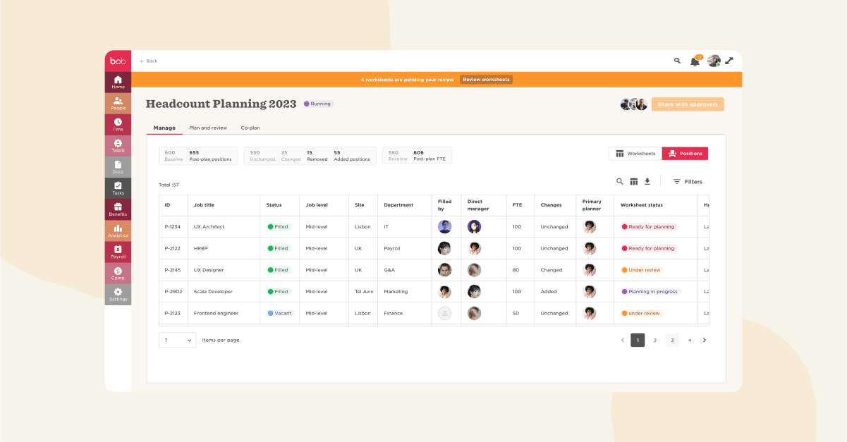 headcount planning dashboard 2023 displaying job statuses, departments, and position changes, dashboard with candidate details, statuses, and metrics