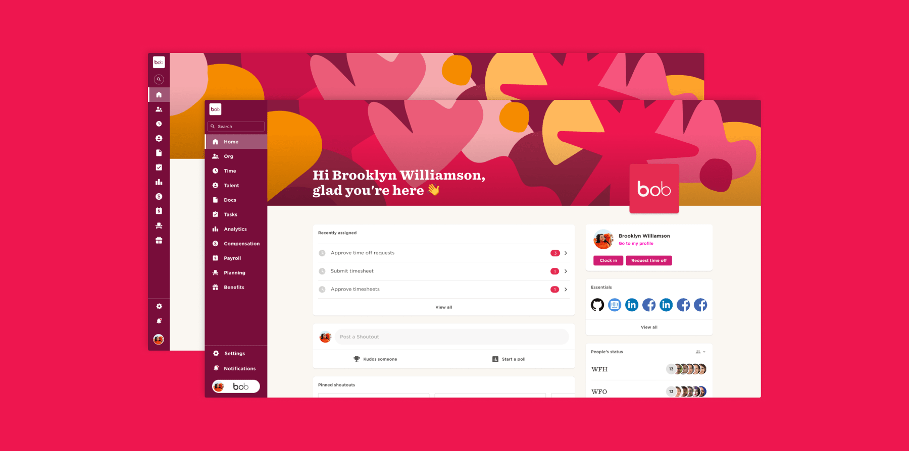dashboard design, user interface with colorful elements and greetings for Brooklyn Williamson