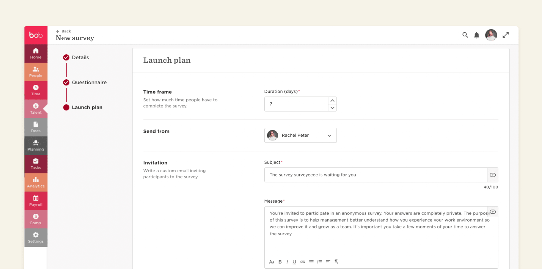 new survey launch plan interface featuring time frame, sender, and customizable invitation elements, survey tool layout with duration and message input options