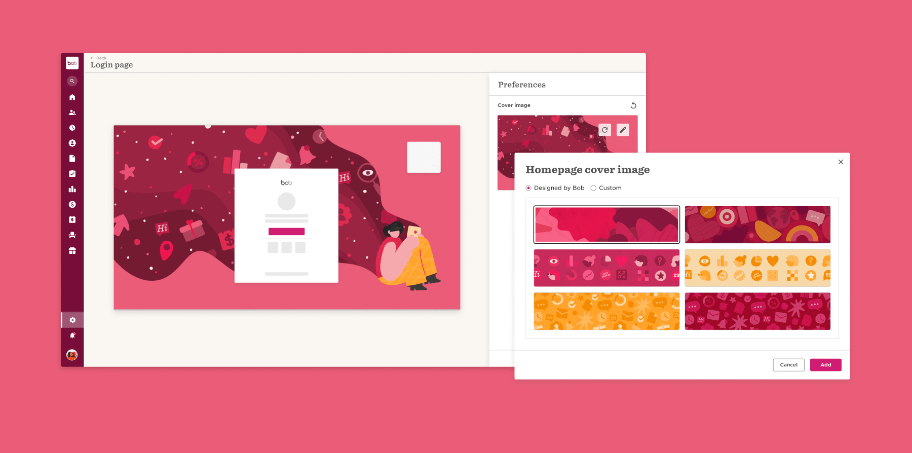 login page interface with colorful backgrounds and customization options for cover image selection, homepage cover image preferences and user input fields