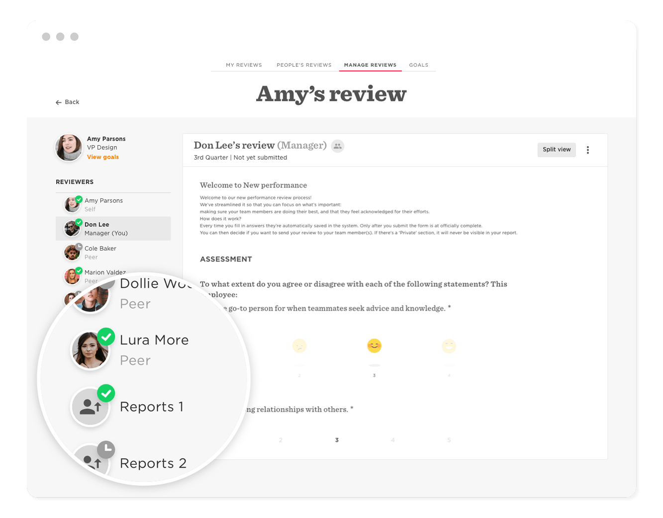 Amy's review interface displaying performance feedback and peer reviewers' insights for Don Lee's evaluation, Peer review process overview featuring employee assessments and feedback metrics