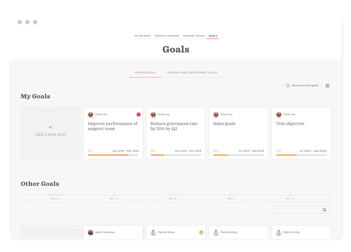My Goals section displaying various performance goals with progress bars and time frames. User interface design for goal management., Goal tracking dashboard featuring task progress, due dates, and user-specific goals for team improvement.