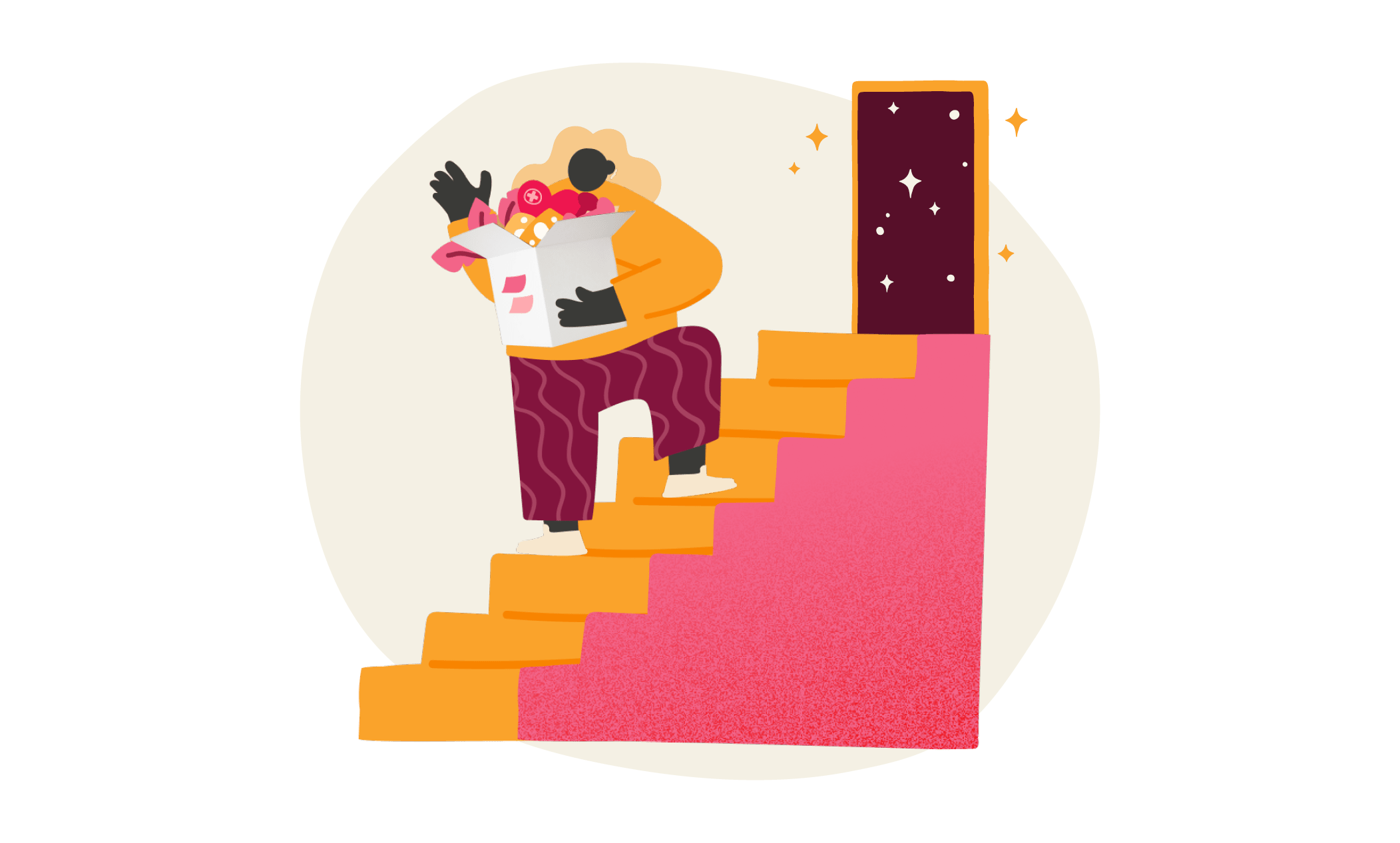 person carrying a box of groceries up colorful stairs, bright door with stars at the top of the stairs