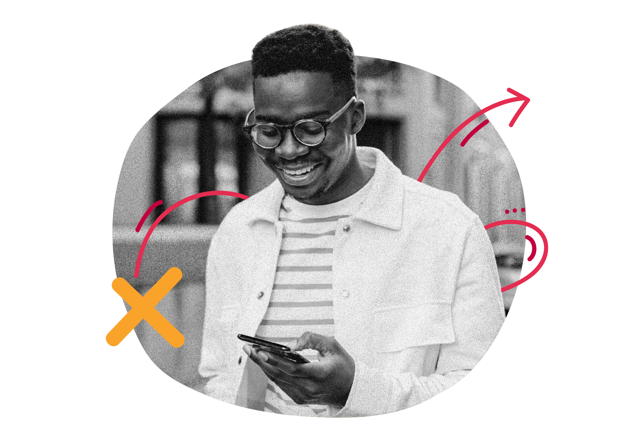 smiling man in glasses using smartphone with abstract colorful background, black and white photo with vibrant creative elements