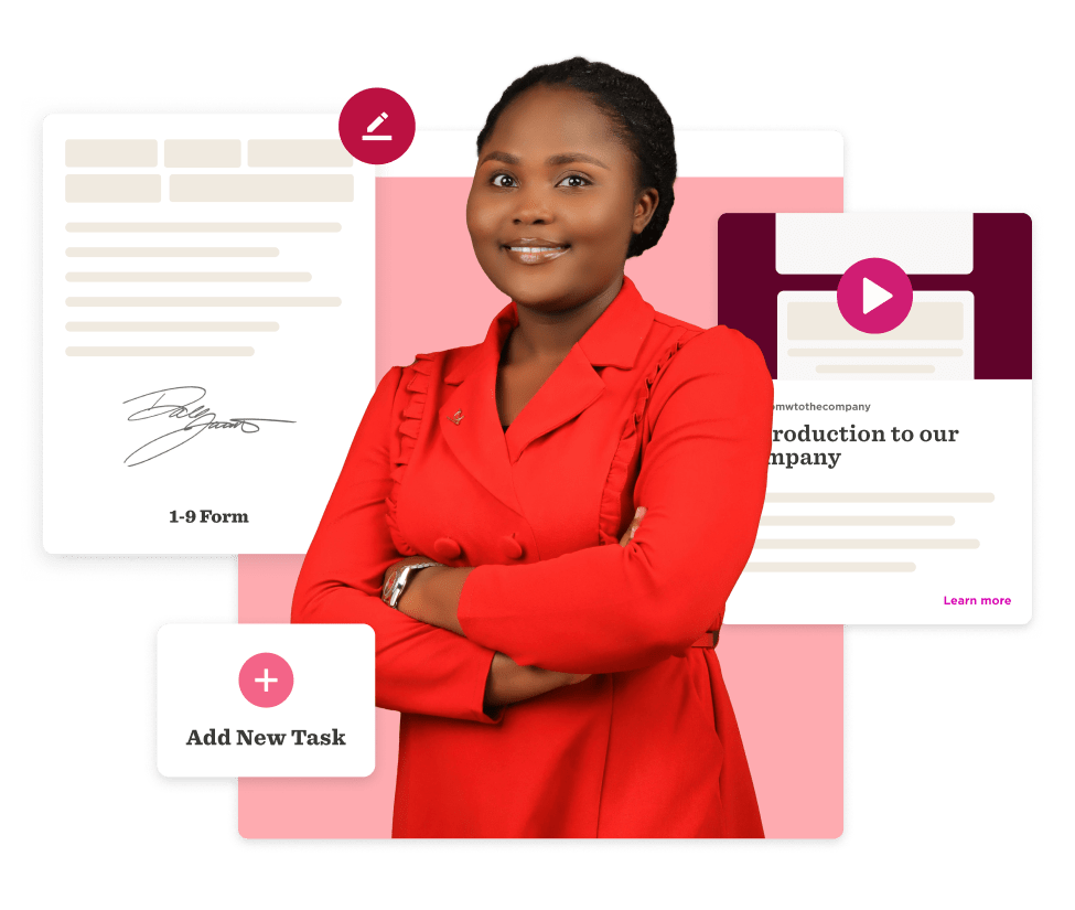 business-woman-in-red-blazer-with-documents-and-tasks, professional-introduction-with-forms-and-video-elements