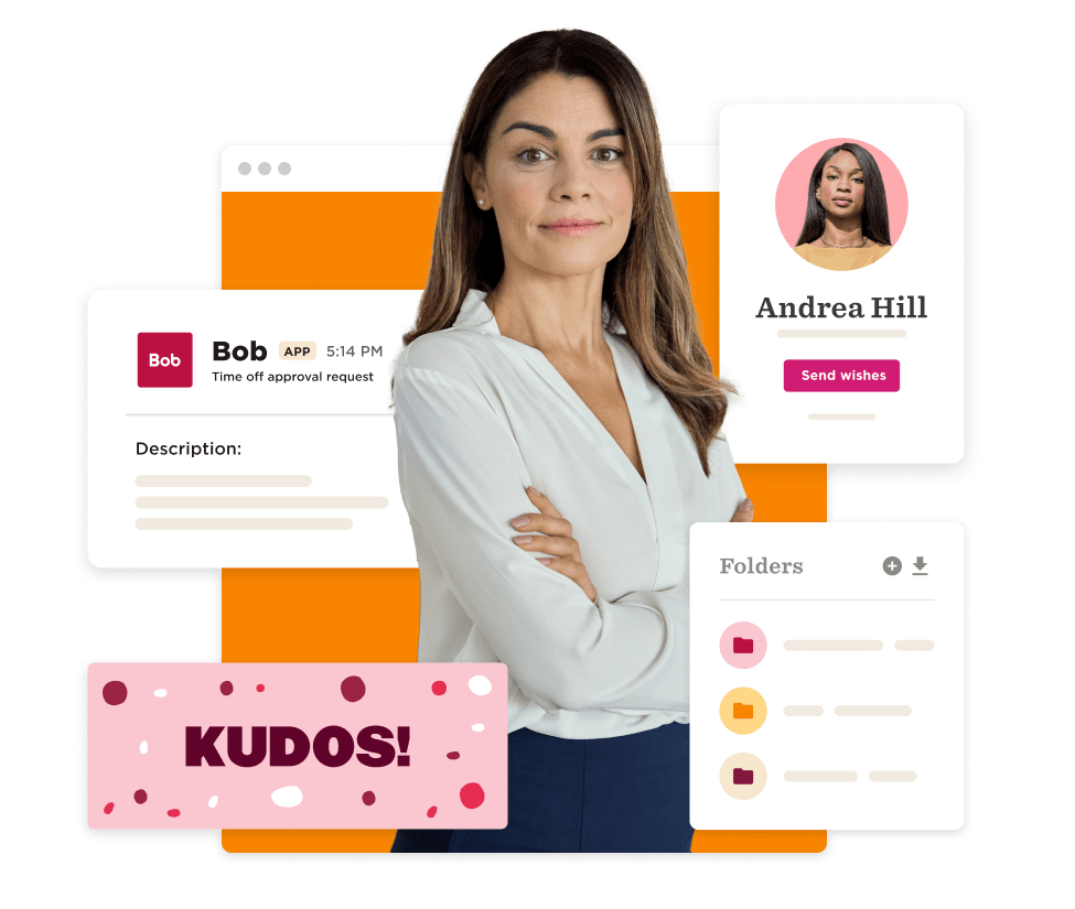 Bob's approval request; woman in white blouse symbolizes professionalism. Bright background with 'KUDOS!' enhances engagement.