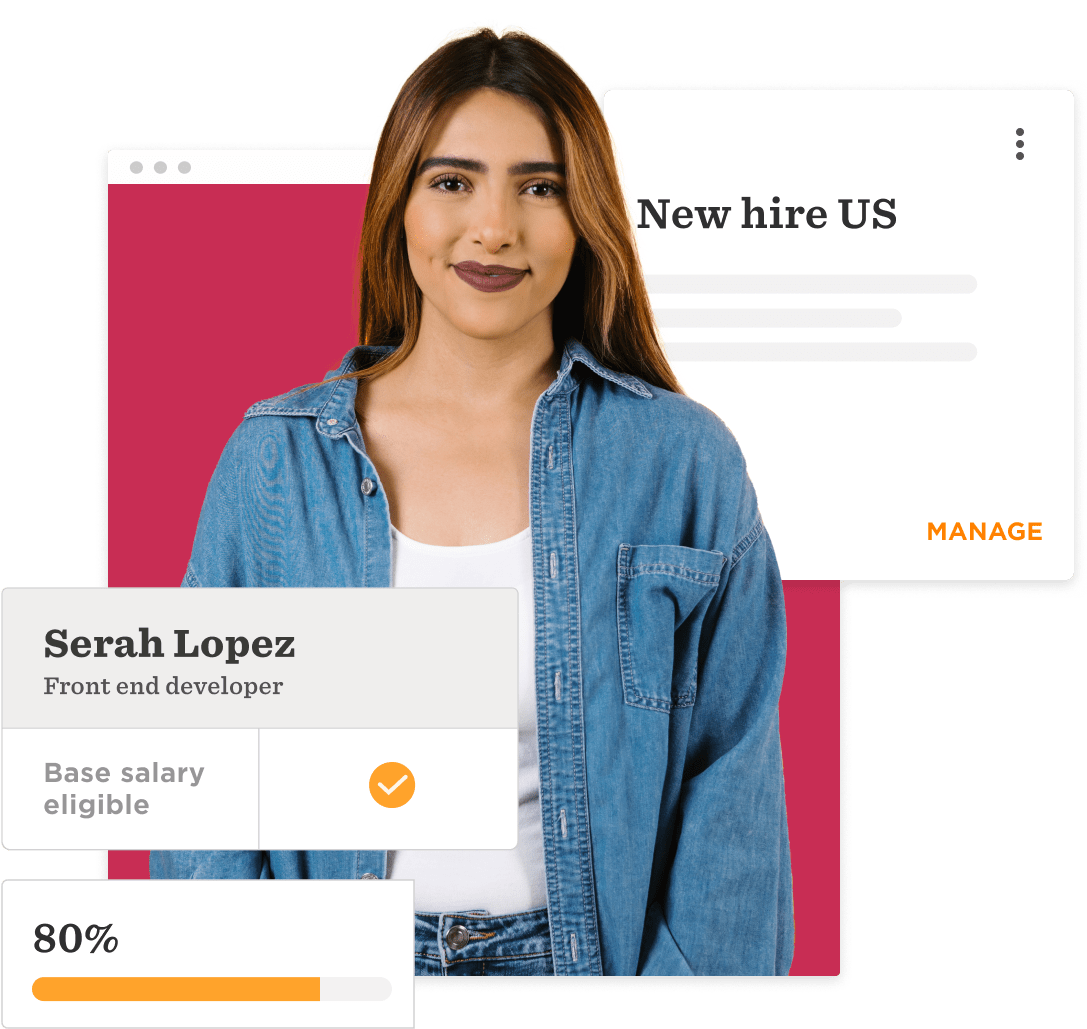 Serah Lopez, front-end developer, stands confidently with an infographic displaying salary eligibility and performance. 80%, New hire profile with management options shown.
