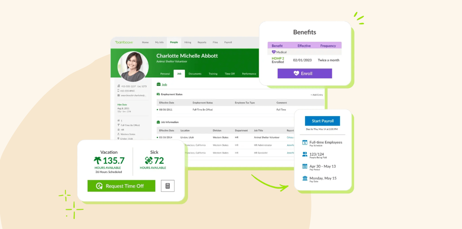 bambooHR dashboard showing employee details, benefits enrollment, and payroll schedule for Charlotte Michelle Abbott, employee benefits management interface with sick and vacation hours displayed