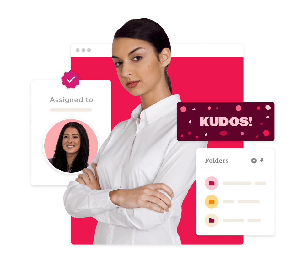 professional woman with arms crossed, digital workspace highlights 'KUDOS!' and folder management, confident woman, digital accomplishment notification