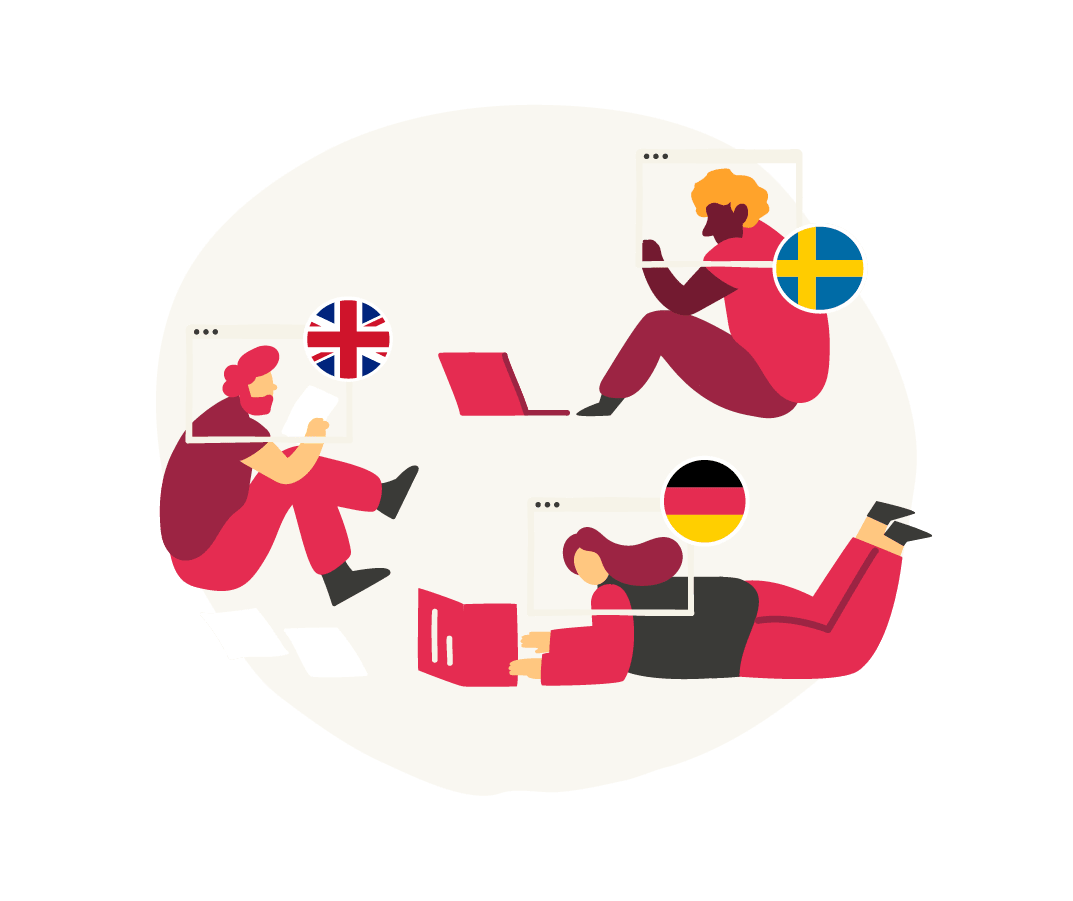 people studying and using laptops with flags from the UK, Sweden, and Germany above, illustrative figures engaging in online learning