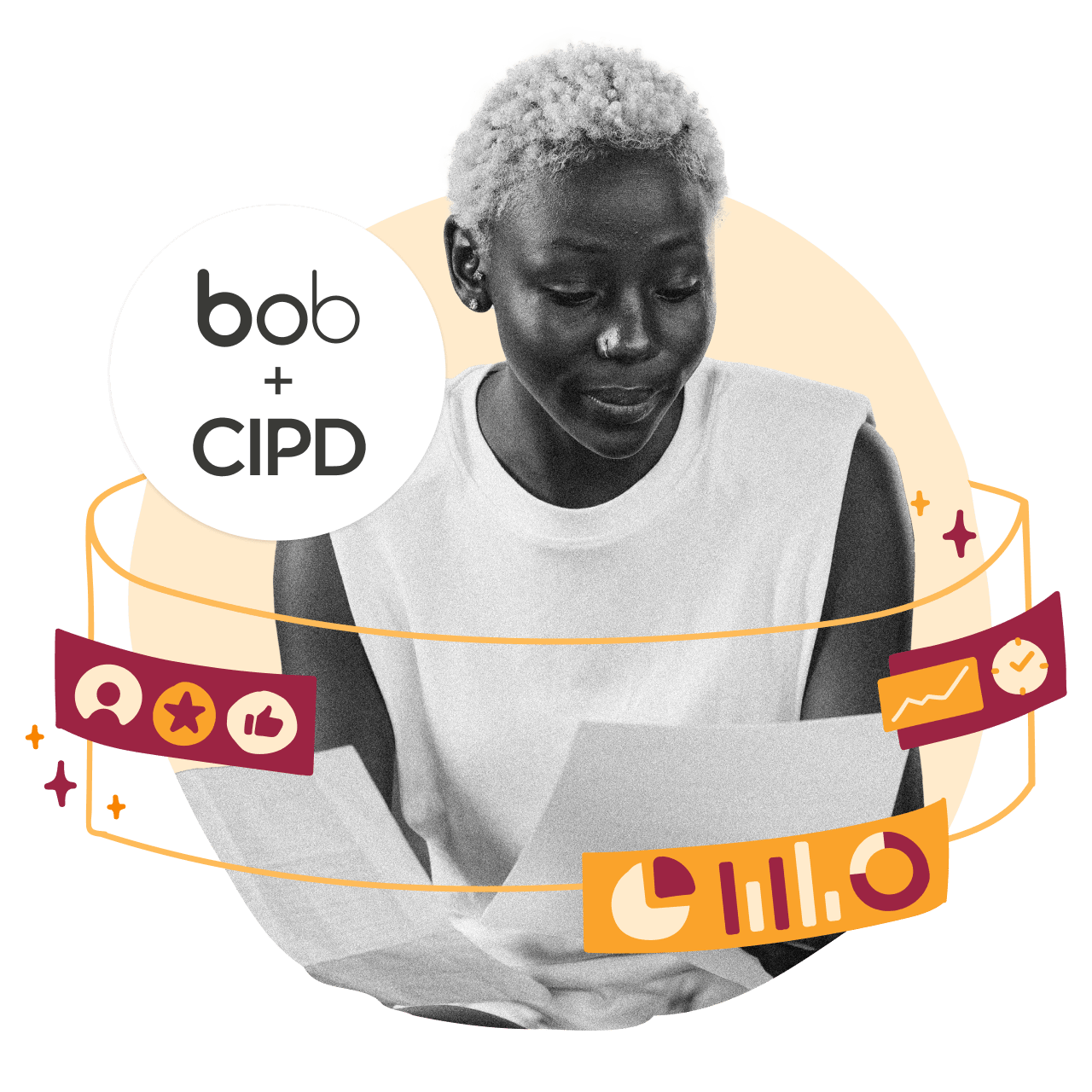 bob, CIPD, Black woman reading paper surrounded by colorful icons representing data and analytics.