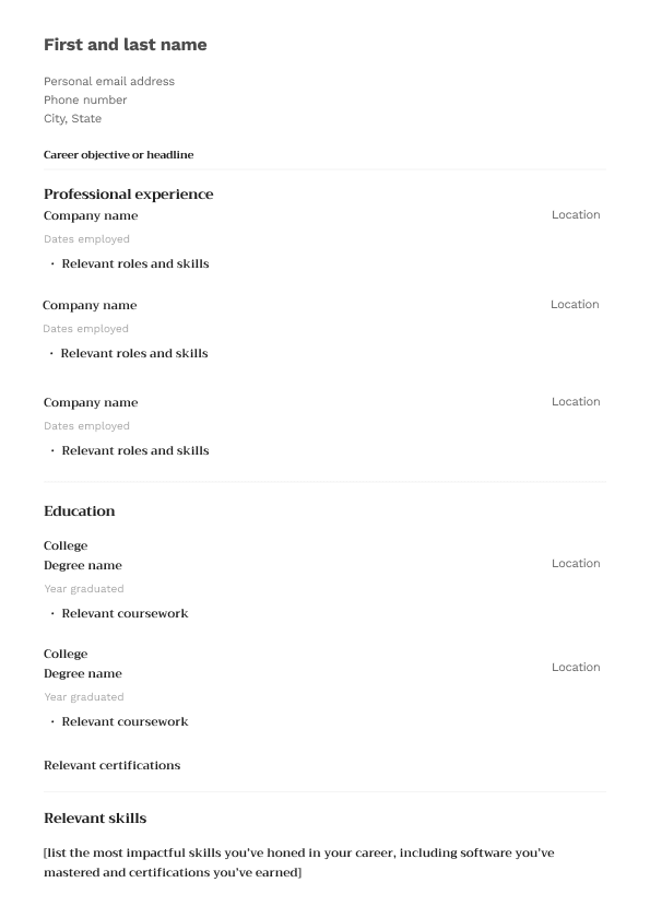 resume layout, personal information professional experience education skills