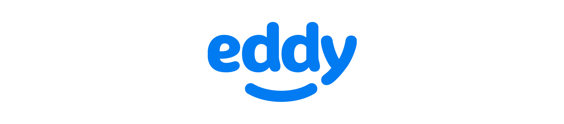 eddy logo with a friendly smile design, vibrant blue color on a black background, stylized text logo representing positivity and fun