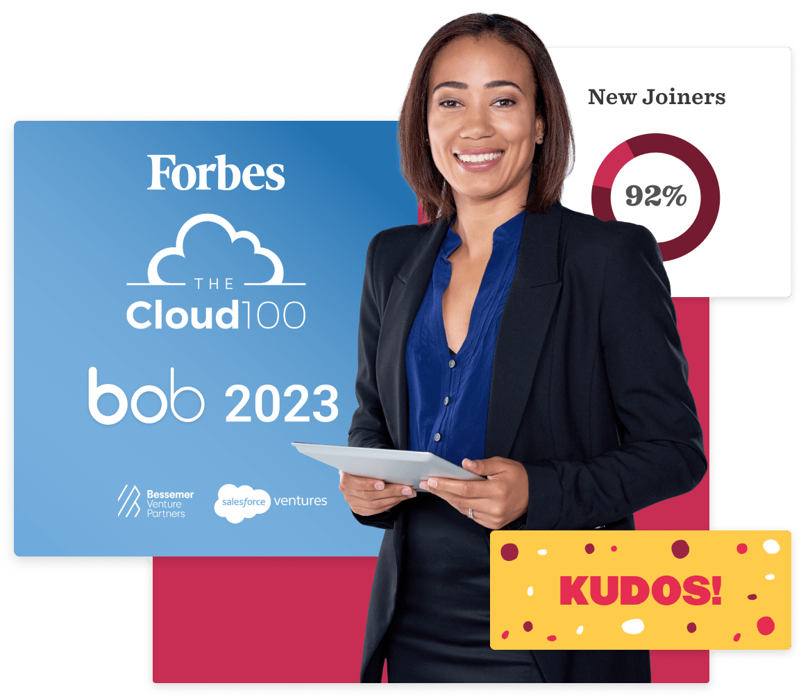 businesswoman holding tablet, Forbes Cloud 100 bob 2023 92% new joiners graphic with "KUDOS!" banner