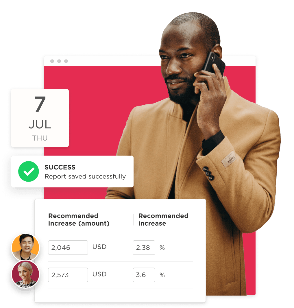 successful report saving, businessman on phone discussing financial recommendations