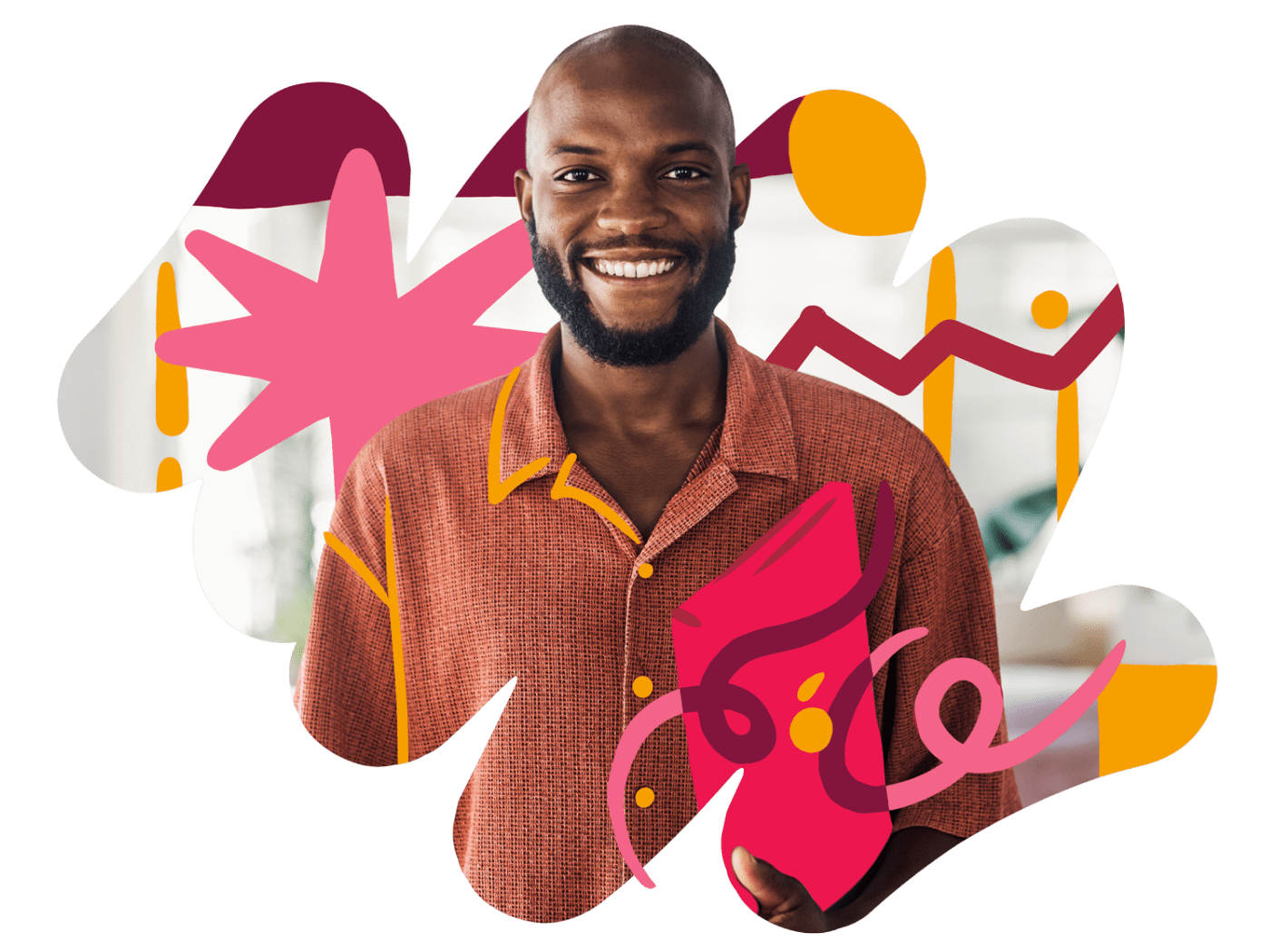 man holding pink artwork, colorful abstract background elements and smiling in a casual shirt