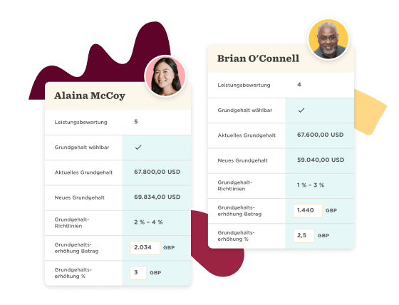 Alaina McCoy and Brian O’Connell performance ratings with salary details, showing graphs and figures for analysis. , SalaryData, PerformanceReview