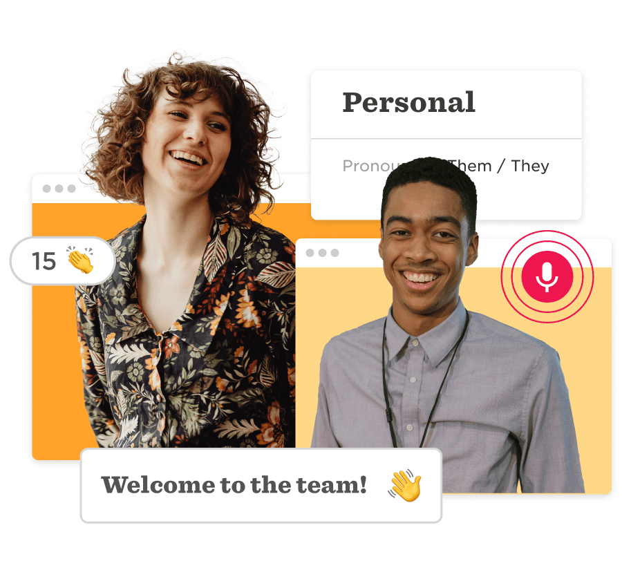 smiling young adults in colorful backgrounds with welcome message, personal pronouns, and voice icon, team introduction graphic with diversity focus