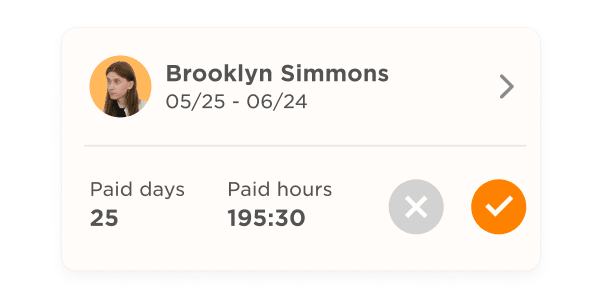 Brooklyn Simmons' work summary with 25 paid days and 195:30 hours logged, featuring action buttons. alt text: Brooklyn Simmons work hours summary with 25 paid days, 195:30 hours, action buttons for editing., work hours summary, paid days tracking