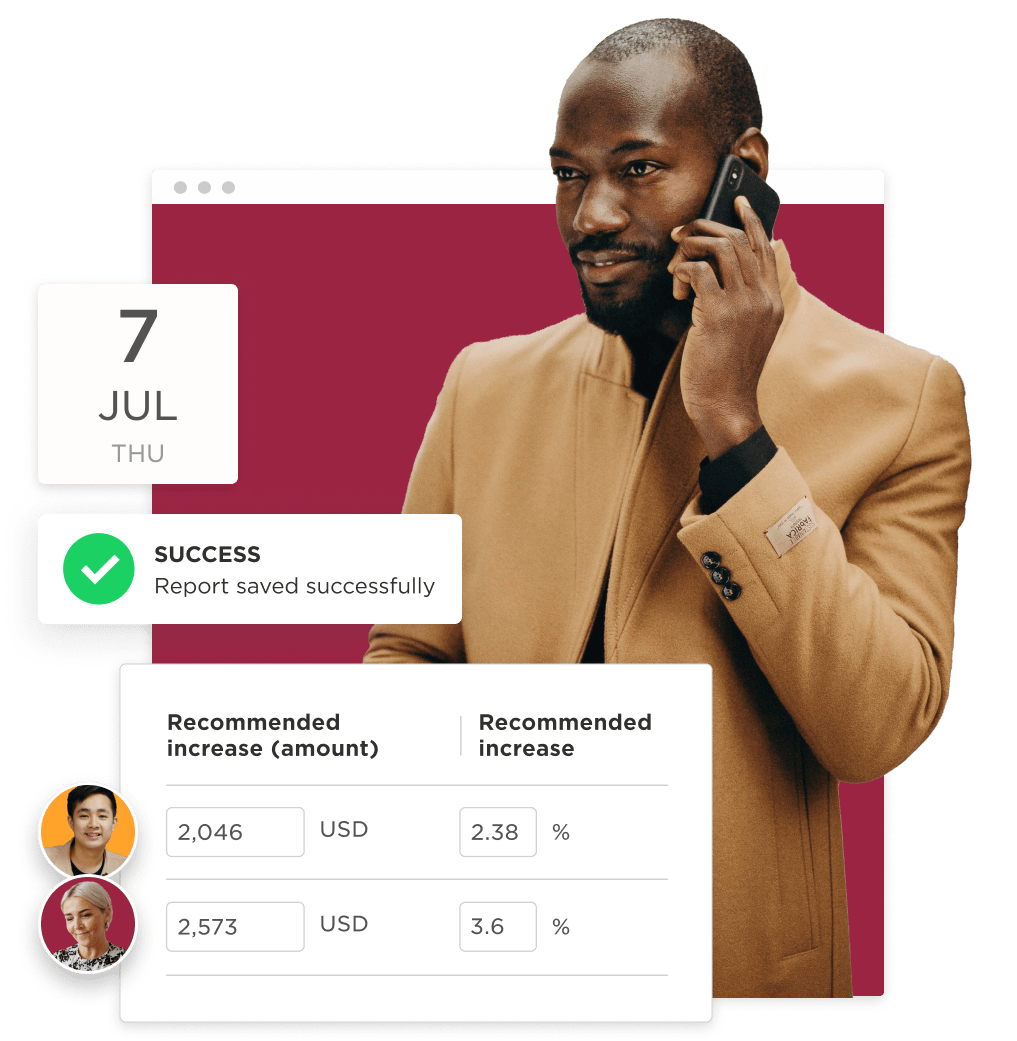 businessman talking on phone, success report and financial recommendations displayed on screen