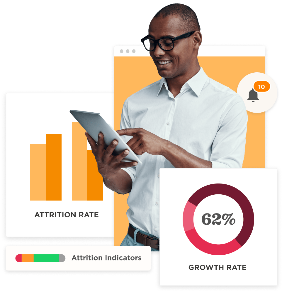 person analyzing data on tablet with charts on attrition and growth rates, visual representation of business metrics and analytics