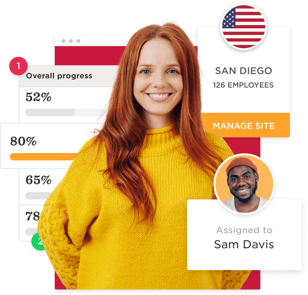 woman with red hair wearing a yellow sweater, progress indicators, San Diego site info, manage site button, employee profile Sam Davis