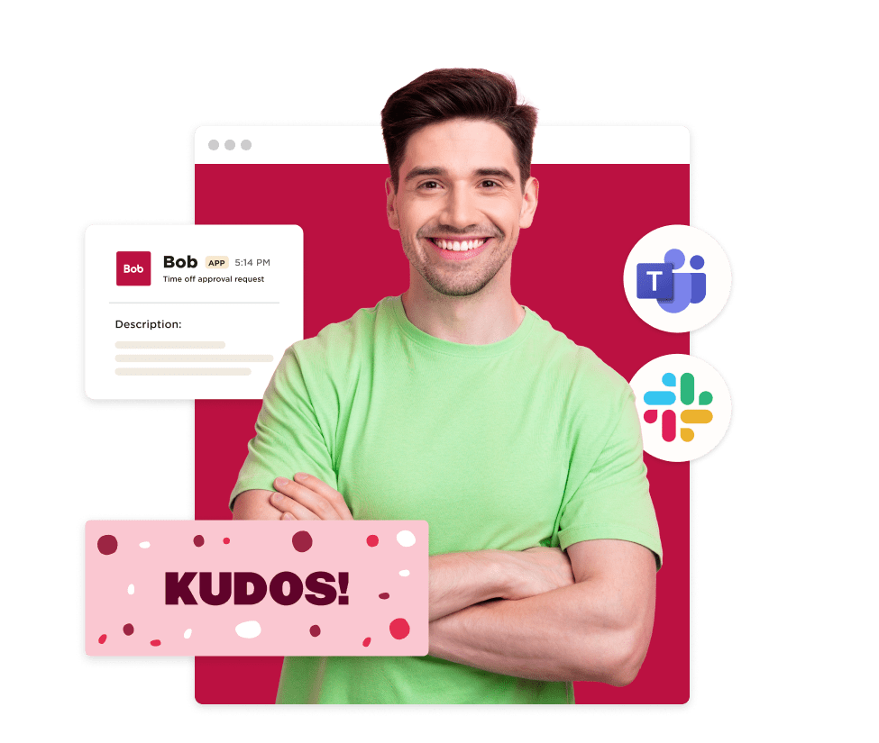 smiling man in green shirt with "KUDOS!" graphic and app notifications for teamwork tools like Microsoft Teams and Slack, professional recognition image with positive feedback and collaboration tools displayed