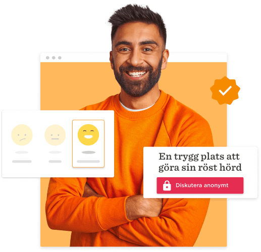 person smiling in orange sweater with happy emoji feedback, secure anonymous discussion platform elements