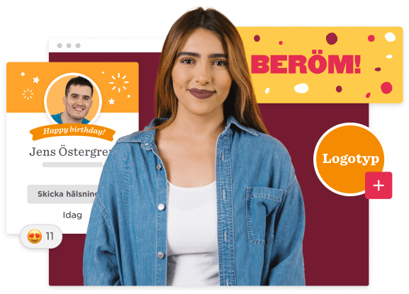 birthday greeting, woman smiling with birthday design elements in background
