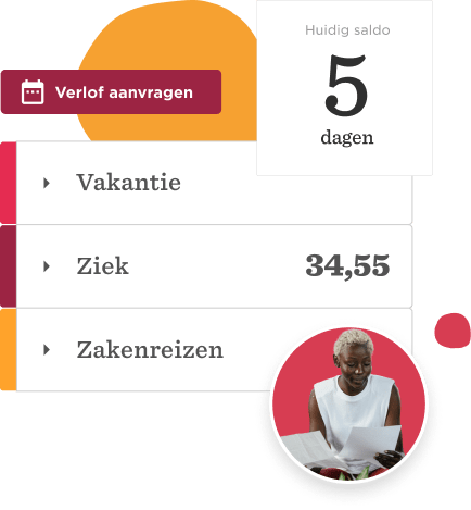 Verlof aanvragen knop, Huidig saldo 5 dagen met categorieën vakantie, ziek en zakenreizen.