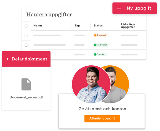 Hantera uppgifter interface with tasks table, document icon, and user profiles for project collaboration. , taskmanagement, usercollaboration