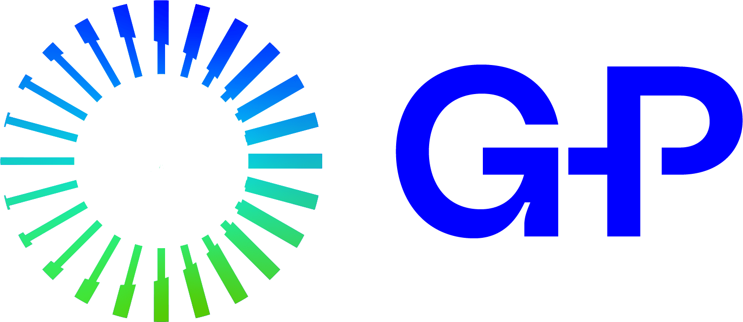 circular graphic with gradient arrows, blue G+P logo on white background, modern design symbolizing growth and innovation