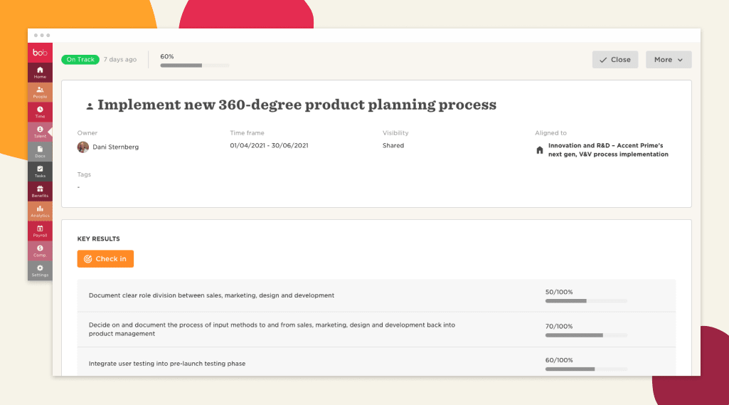 Implement new product planning process, tracking progress and key results with percentages for effective management, Project management dashboard showing progress and key results on product planning.