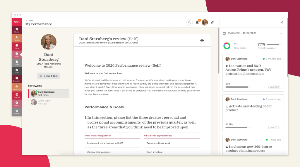 performance review self-assessment, employee performance goals feedback system