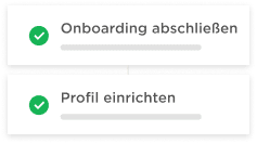 Onboarding process completion with checkmarks and progress bars for user profile setup., User interface for onboarding steps.