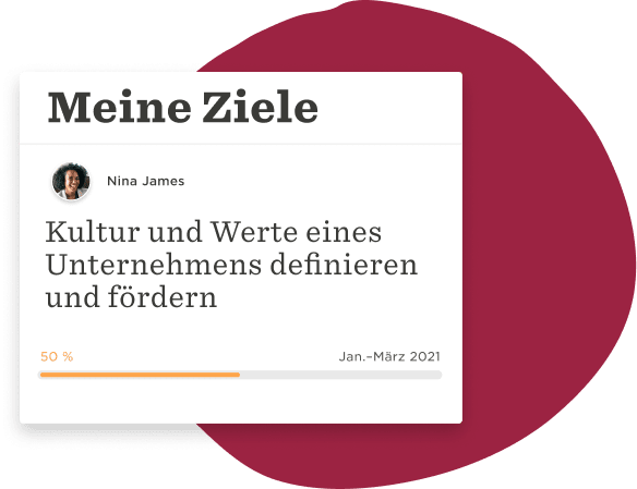 Meine Ziele Karte zeigt Fortschritt in Unternehmenswerten, mit Profilbild und Zeitraum von Januar bis März 2021. 50%, Fortschritt, NinaJames