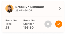 Brooklyn Simmons profile card showing 25 paid days and 195 hours worked totaling. 25, 195:30