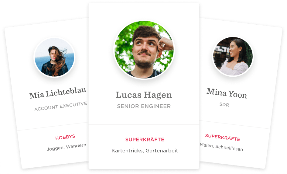 Mia Lichtelblau, Lucas Hagen, and Mina Yoon's profiles highlight roles and hobbies, Account executive, senior engineer, SDR profiles with hobbies