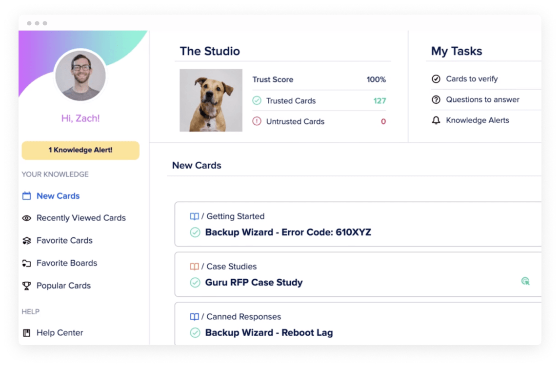 profile dashboard, knowledge alerts with dog image, trust score 100%, and task management section
