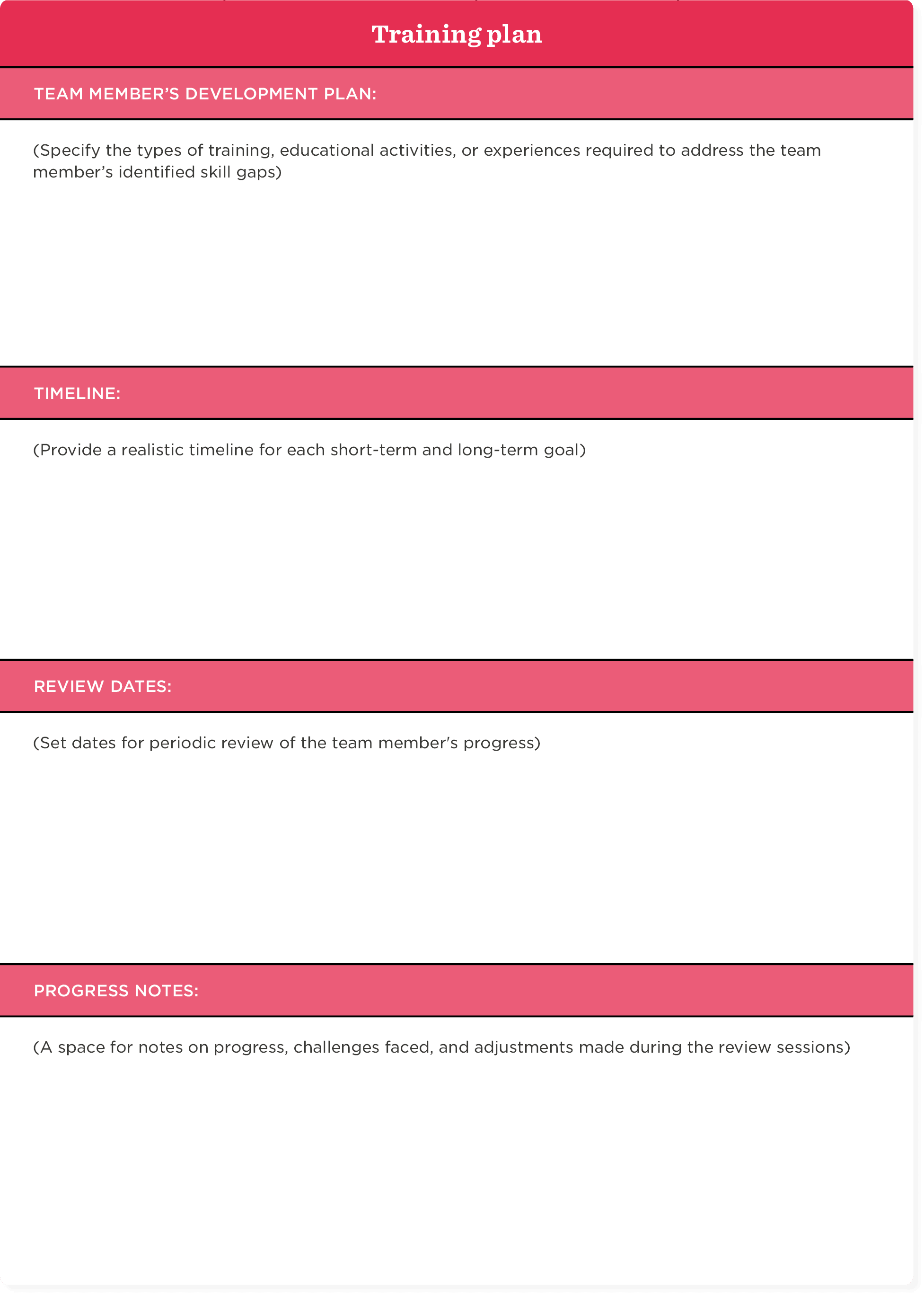 training plan document layout, sections for development, timeline, review dates, and progress notes